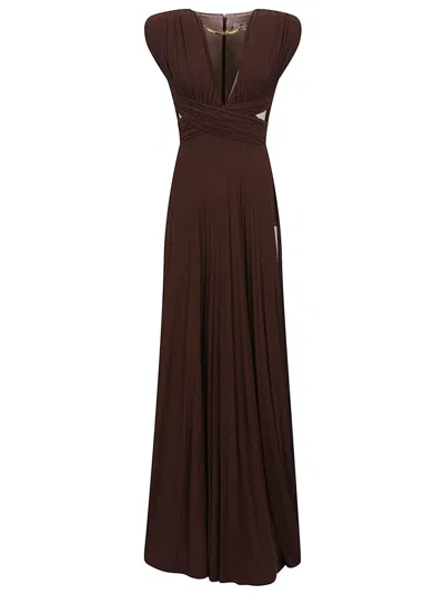 Elisabetta Franchi Pleated Brown Skirt With Crossover Bodice And V-neckline