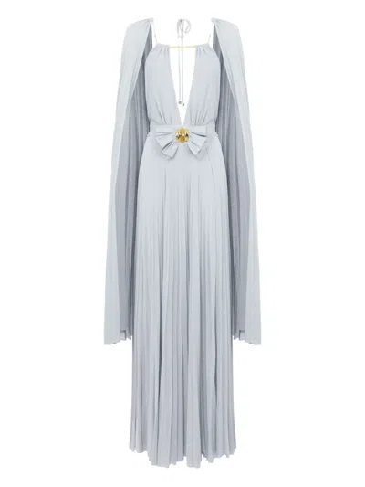 Elisabetta Franchi Pleated Cape Maxi Dress In Blue