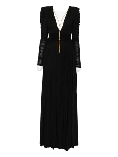 Elisabetta Franchi Chain Detail Pleated Dress With Ruched V-neckline In Black