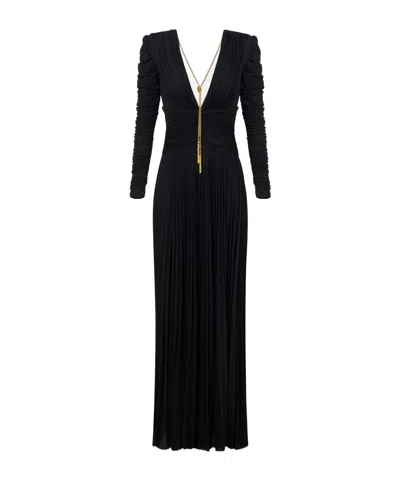 ELISABETTA FRANCHI PLEATED CHAIN-EMBELLISHED LONG DRESS