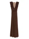 Elisabetta Franchi Celebrite V-neck Metallic Pleated Sleeveless Dress In Brown