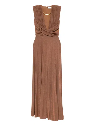 Elisabetta Franchi Pleated Cross-neck Maxi Dress In Brown