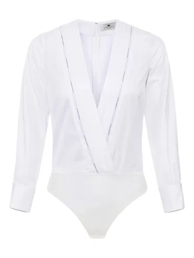 Elisabetta Franchi Pleated-detail Long-sleeve Bodysuit In White