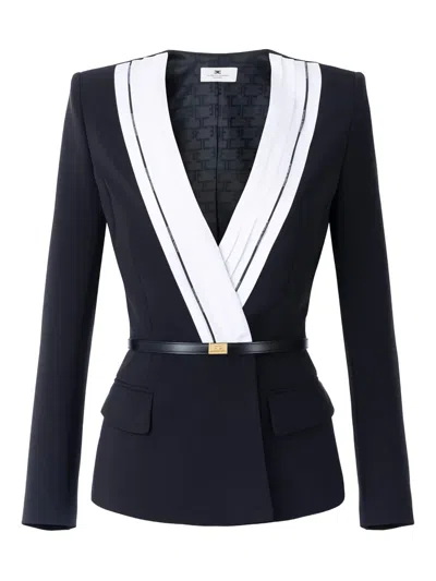Elisabetta Franchi Pleated Logo-piping Jacket In Blue