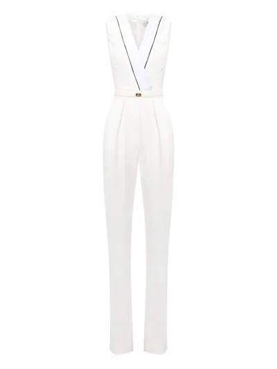 Elisabetta Franchi Pleated Logo Piping Jumpsuit In White