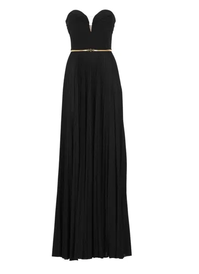 Elisabetta Franchi Pleated Lurex Jersey Red Carpet Dress With Belt In Black
