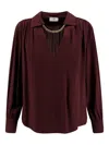 Elisabetta Franchi Jewel Detailed Georgette Blouse In Burgundy