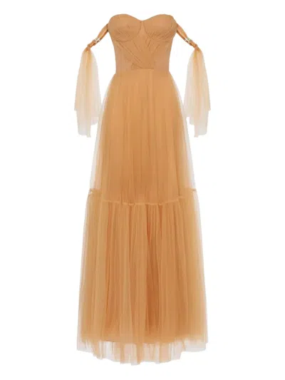 Elisabetta Franchi Pleated Tulle Maxi Dress In Orange
