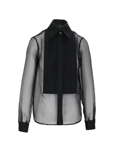 Elisabetta Franchi Translucent Pleated Bib Classic Collar Blouse In Black