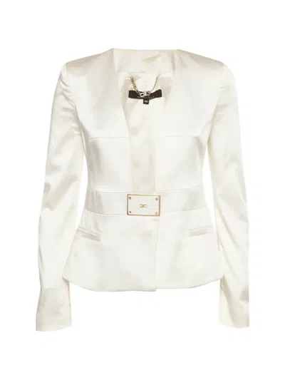 Pre-owned Elisabetta Franchi Plunge-neck Structured Blazer In White
