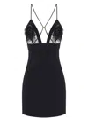 Elisabetta Franchi Plunging Neckline Mini Dress With Lace Detailing And Floral Embellishments In Black