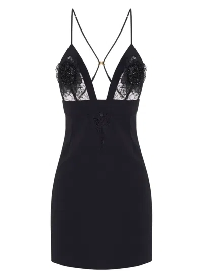 Elisabetta Franchi Plunging Neckline Mini Dress With Lace Detailing And Floral Embellishments In Black