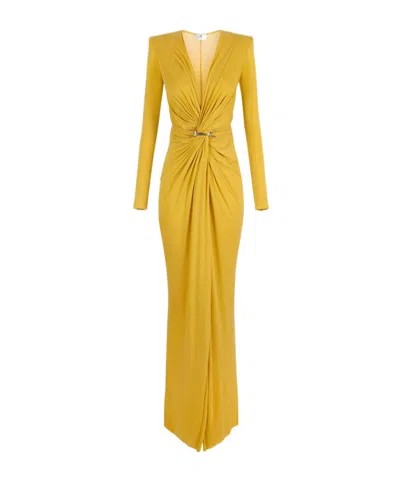 Elisabetta Franchi Red Carpet Dress In Cupro Jersey With Jewel Logo In Yellow