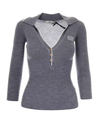 Elisabetta Franchi Ribbed Knit Polo With Sail Collar And Intarsia Logo In Gray