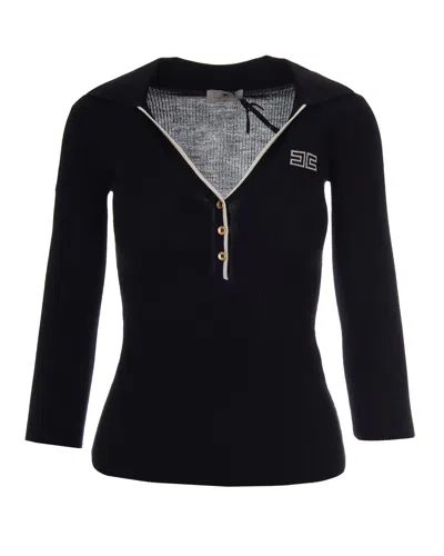 Elisabetta Franchi Ribbed Knit Polo With Boat Collar And Contrasting Logo Intarsia In Black