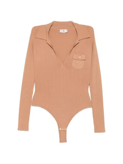 Elisabetta Franchi Powder Pink Bodysuit With V-neck And Front Pocket