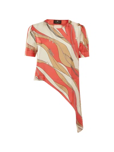 Pre-owned Elisabetta Franchi Printed Asymmetric Top In Orange