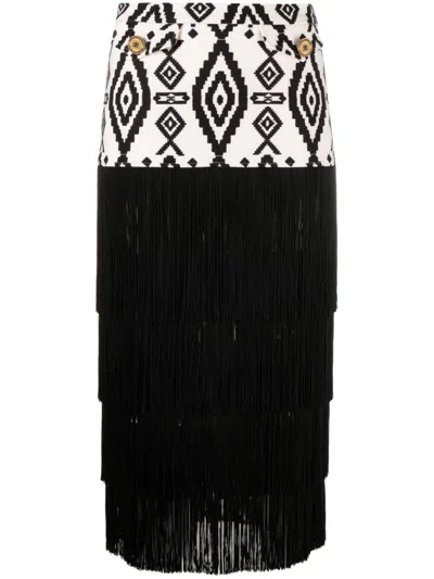 Elisabetta Franchi Printed Fringed Midi Skirt In Butter