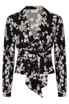 Elisabetta Franchi Georgette Blouse With Floral Pattern And Waist Sash In Black