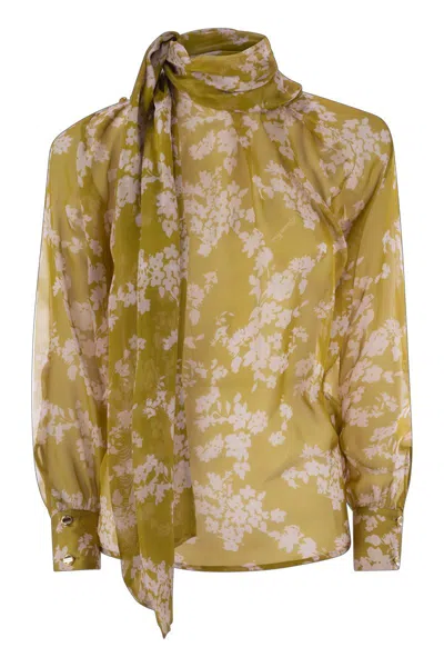 Elisabetta Franchi Floral Print Silk Blouse With Bow Detail In Yellow