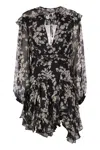 Elisabetta Franchi Printed Silk Voile Dress With Ruffles In Black