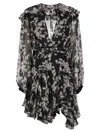 Elisabetta Franchi Printed Silk Voile Dress With Ruffles In Black