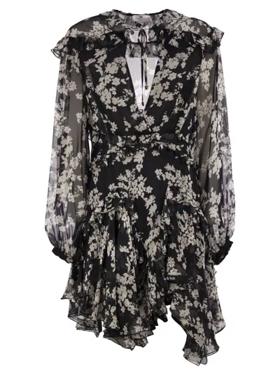 ELISABETTA FRANCHI PRINTED SILK VOILE DRESS WITH RUFFLES