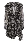 Elisabetta Franchi Printed Silk Voile Dress With Ruffles In Black