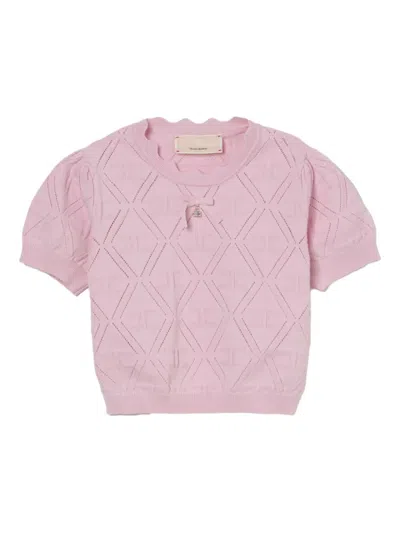 Elisabetta Franchi Puff-sleeve Diamond-pattern T-shirt In Pink