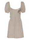 Elisabetta Franchi Backless Puff Sleeve Dress With Floral Lace In Neutrals