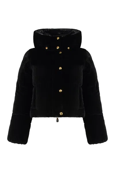 Elisabetta Franchi Puffer Jacket In Velvet With Hood In Black