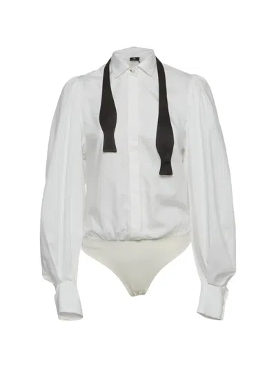 Pre-owned Elisabetta Franchi Puff-sleeve Shirt Bodysuit In White