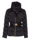 Elisabetta Franchi Jacquard Sail Fabric Down Jacket With Belt Clothing In Black