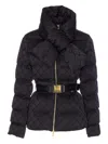 Elisabetta Franchi Jacquard Sail Fabric Down Jacket With Belt Black In Black