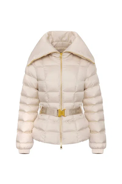 Elisabetta Franchi Quilted High Collar Jacket With Belted Waist In White