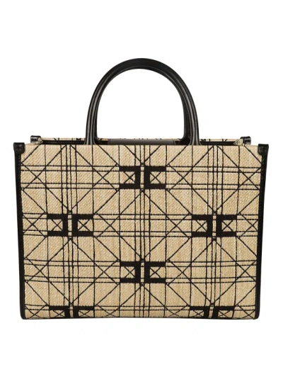 Elisabetta Franchi Raffia Jacquard Logo Bags In Brown