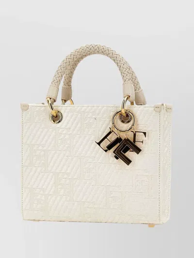 Elisabetta Franchi Raffia Jacquard Shopper Bag With Gold Plating In Neutral