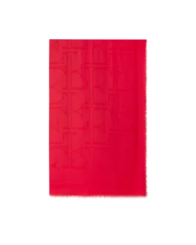 Elisabetta Franchi Rectangular Scarf With Fringed Edges And Iconic Logo Pattern In Red
