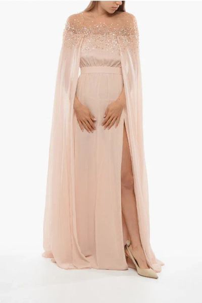 Elisabetta Franchi Red Carpet Chiffon Dress With Sequines And Mantle Sleeves In Pink