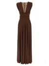 Elisabetta Franchi Celebrite V-neck Metallic Pleated Sleeveless Dress In Brown