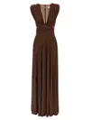 Elisabetta Franchi Celebrite V-neck Metallic Pleated Sleeveless Dress In Brown