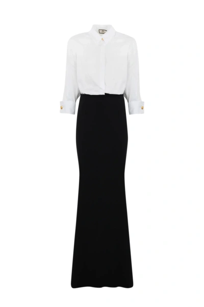 Elisabetta Franchi Red Carpet Dress In Cotton And Crepe In Bianco/nero