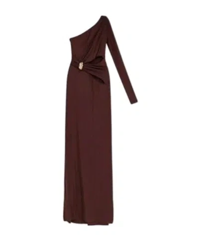 Elisabetta Franchi Red Carpet Dress In Crepe Fabric With Jewel Detail In Brown