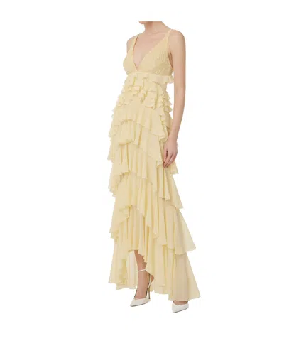 Elisabetta Franchi Red Carpet Dress In Georgette Fabric With Flounces In Yellow