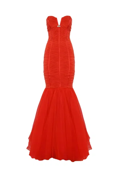 Elisabetta Franchi Red Carpet Dress In Jersey And Tulle In Corallo