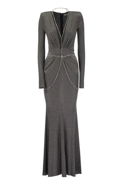 Elisabetta Franchi Red Carpet Dress In Lurex Jersey With Body Chain In Grey