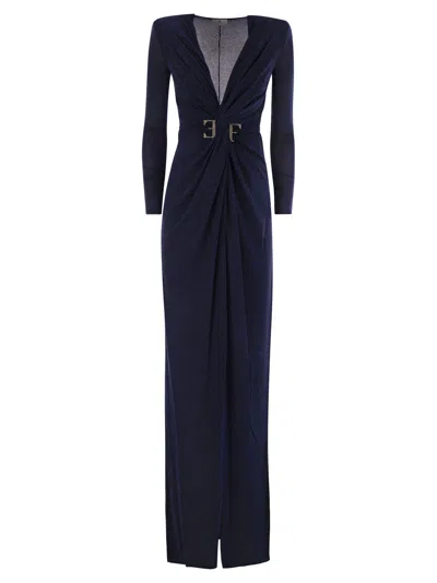 ELISABETTA FRANCHI ELISABETTA FRANCHI RED CARPET DRESS IN LUREX JERSEY WITH KNOT AND LOGO ACCESSORY