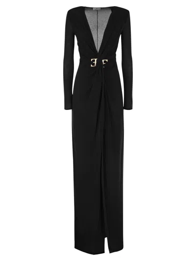Elisabetta Franchi Red Carpet Dress In Lurex Jersey With Knot And Logo Accessory In Black