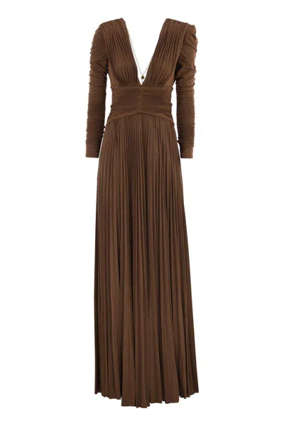 Elisabetta Franchi Red Carpet Dress In Lurex Jersey With Necklace In Brown