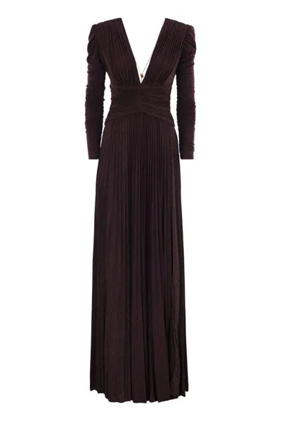 Elisabetta Franchi Red Carpet Dress In Lurex Jersey With Necklace In Burgundy